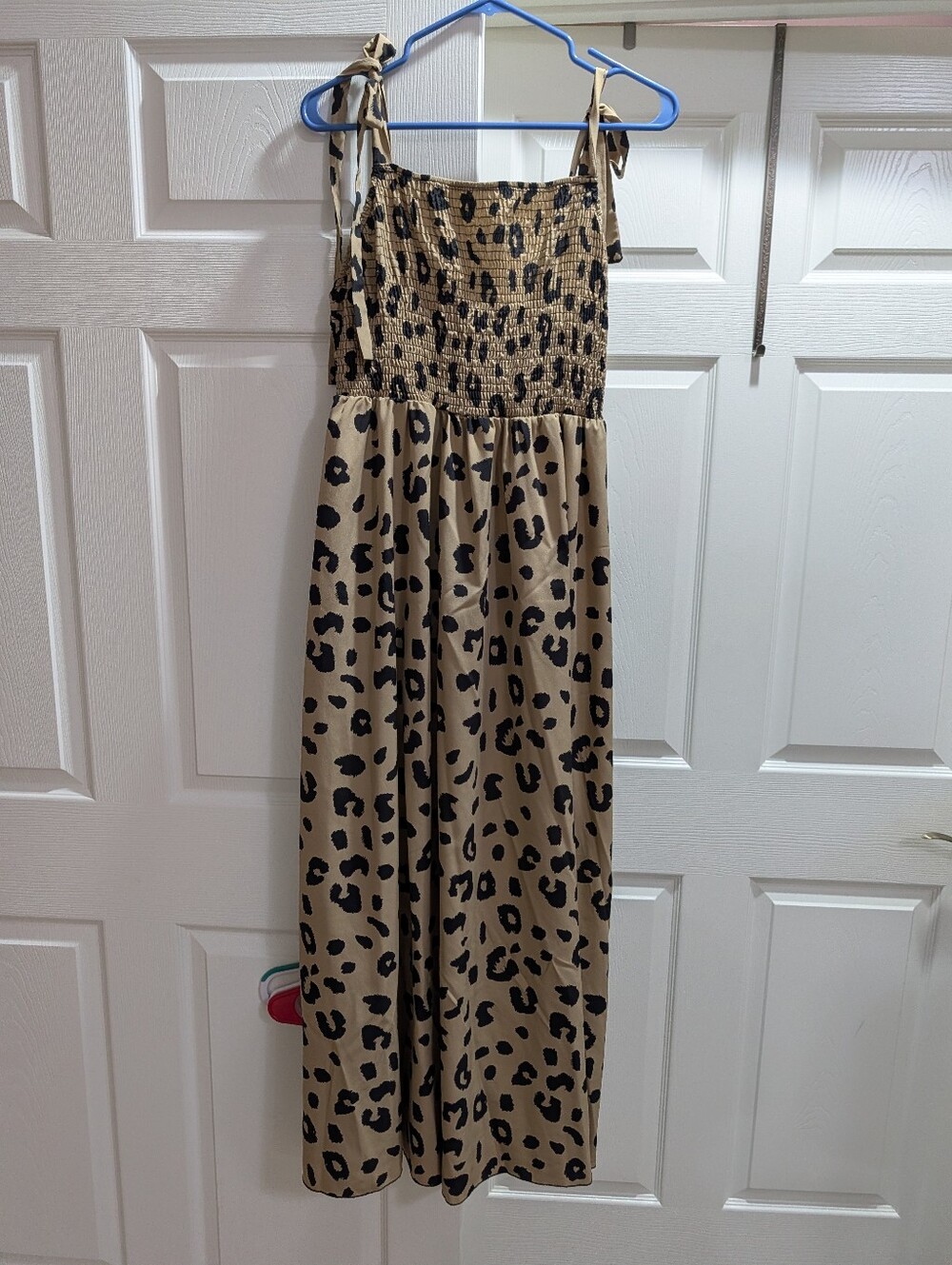 SHEIN Tan and Black Leopard Print Tie-Shoulder Jumpsuit